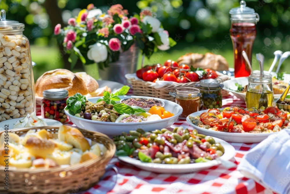 Summer picnic table with fresh food and drinks Summer picnic table with fresh food and drinks