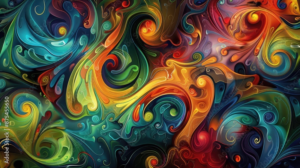 Abstract digital painting with vibrant swirls of color and intricate patterns, conveying a sense of movement and rhythm. Abstract digital painting with vibrant swirls of color and intricate patterns, conveying a sense of movement and rhythm.