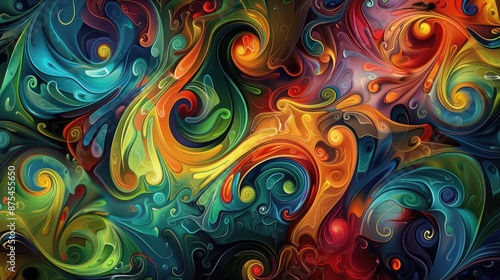 Abstract digital painting with vibrant swirls of color and intricate patterns, conveying a sense of movement and rhythm.