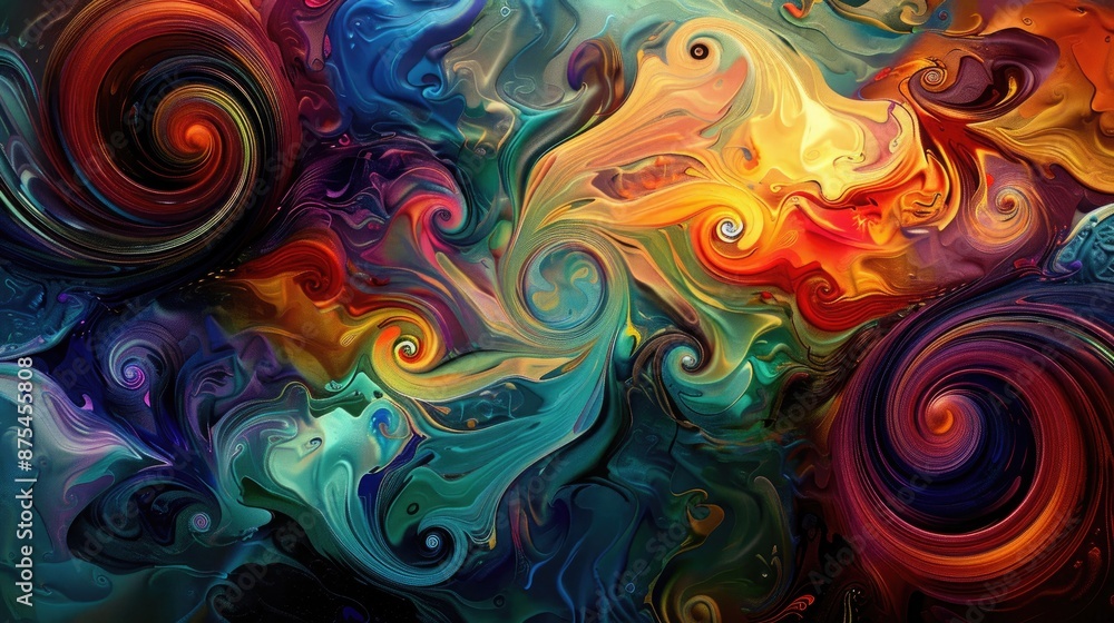 Abstract digital painting with vibrant swirls of color and intricate patterns, conveying a sense of movement and rhythm. Abstract digital painting with vibrant swirls of color and intricate patterns, conveying a sense of movement and rhythm.