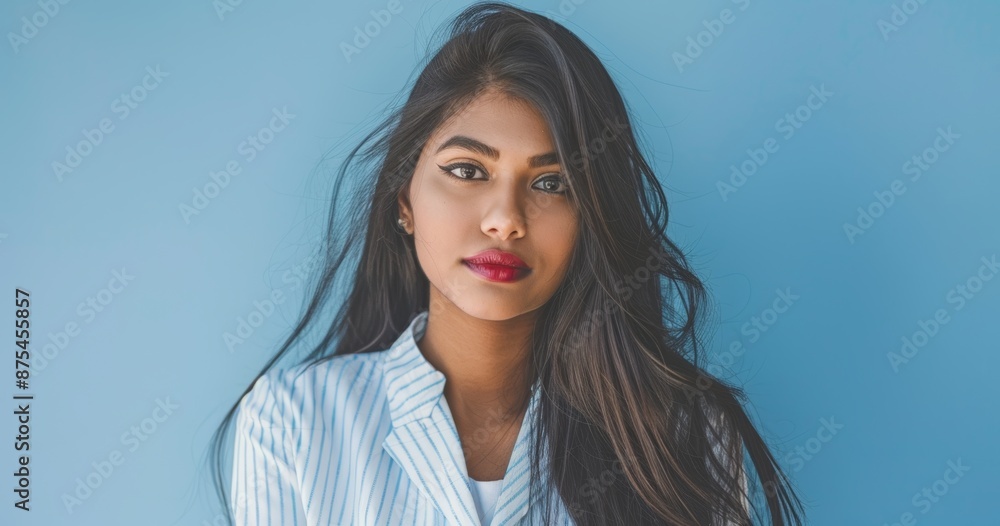 A photo of an Asian Indian businesswoman with long straight hair, wearing a white and blue striped suit jacket and red lipstick. A photo of an Asian Indian businesswoman with long straight hair, wearing a white and blue striped suit jacket and red lipstick.