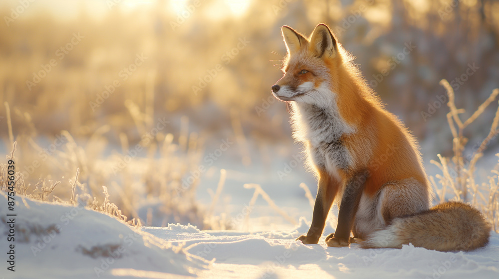 Obraz premium A red fox sits gracefully in a snowy winter landscape, bathed in warm sunlight, showcasing the beauty of nature.