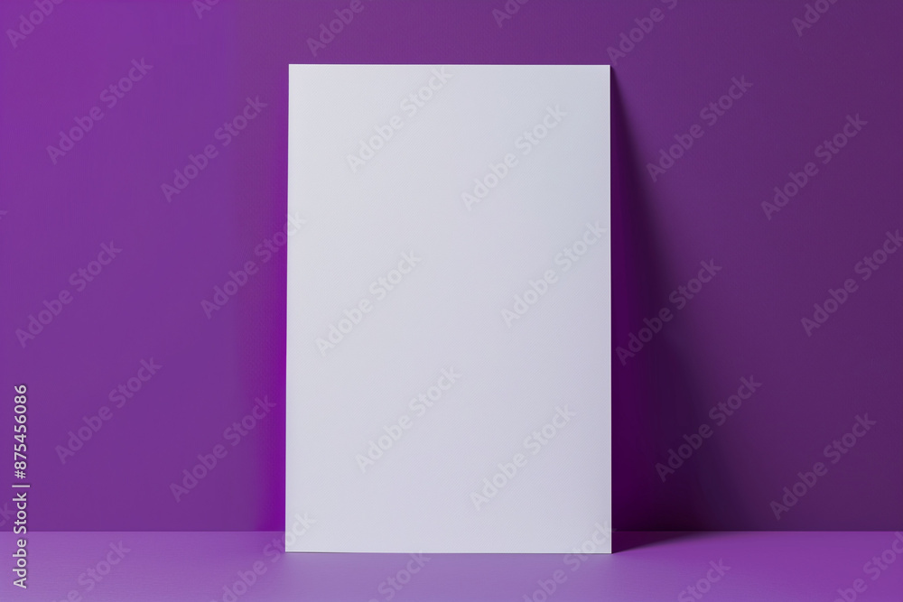 A mockup of a blank white sheet of paper standing against a bright purple background A mockup of a blank white sheet of paper standing against a bright purple background
