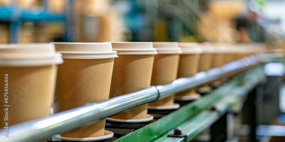 Eco-friendly paper cups moving in a row on a conveyor close-up. Eco-friendly paper cups moving in a row on a conveyor close-up.