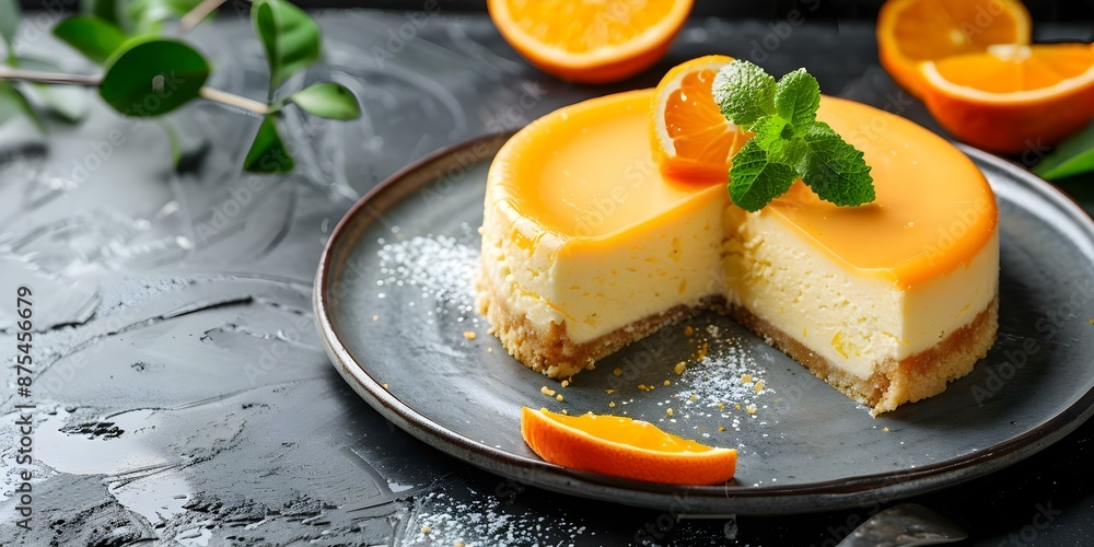 Vibrant Basque Cheesecake with Citrus Flavors Served on a Gray Plate. Concept food photography, vibrant desserts, Basque cheesecake, citrus flavors, gray plate Vibrant Basque Cheesecake with Citrus Flavors Served on a Gray Plate. Concept food photography, vibrant desserts, Basque cheesecake, citrus flavors, gray plate