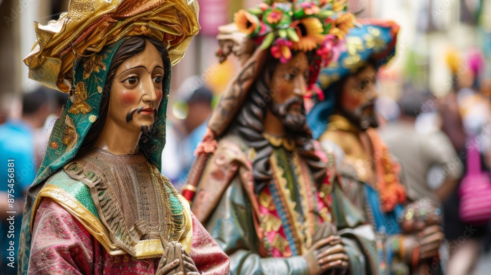 Elaborately dressed religious statues are carried through the streets during a lively procession for Fiesta de Santiago Elaborately dressed religious statues are carried through the streets during a lively procession for Fiesta de Santiago