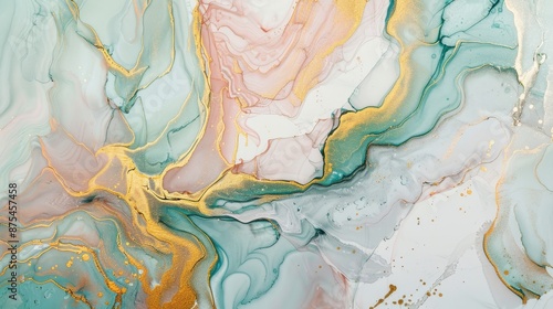 Fluid art painting with a blend of teal, peach, and gold colors, creating a marble-like texture with organic patterns