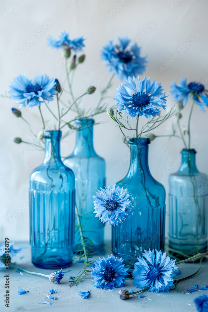 Still Life with Blue Flowers and Bottles. Flowers in Vases. Genrative AI Still Life with Blue Flowers and Bottles. Flowers in Vases. Genrative AI