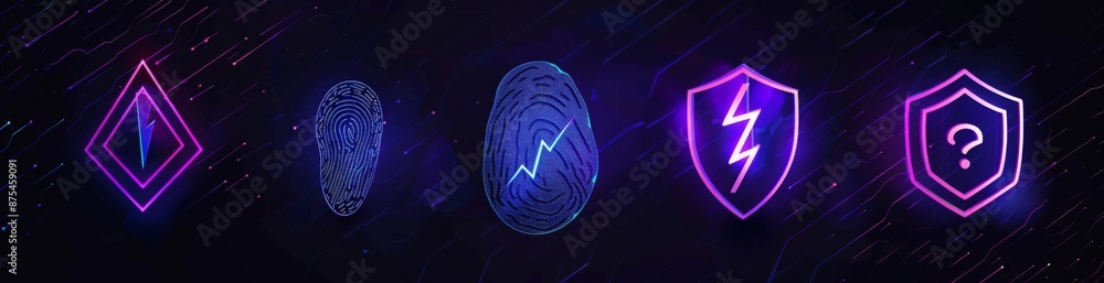 Digital icons with fingerprint, rainbow, shield, and keyhole concepts in blue and purple lighting Digital icons with fingerprint, rainbow, shield, and keyhole concepts in blue and purple lighting