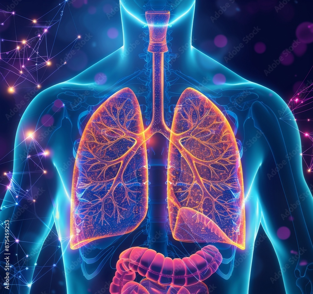 Detailed medical illustration of human lungs and respiratory system ...