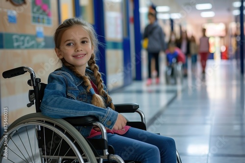 Handsome young disabled girl sitting in wheelchair at school corridor