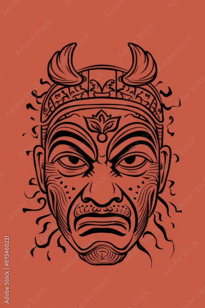 Intricate Demon Mask Illustration on Red Background with Ornate Details Intricate Demon Mask Illustration on Red Background with Ornate Details