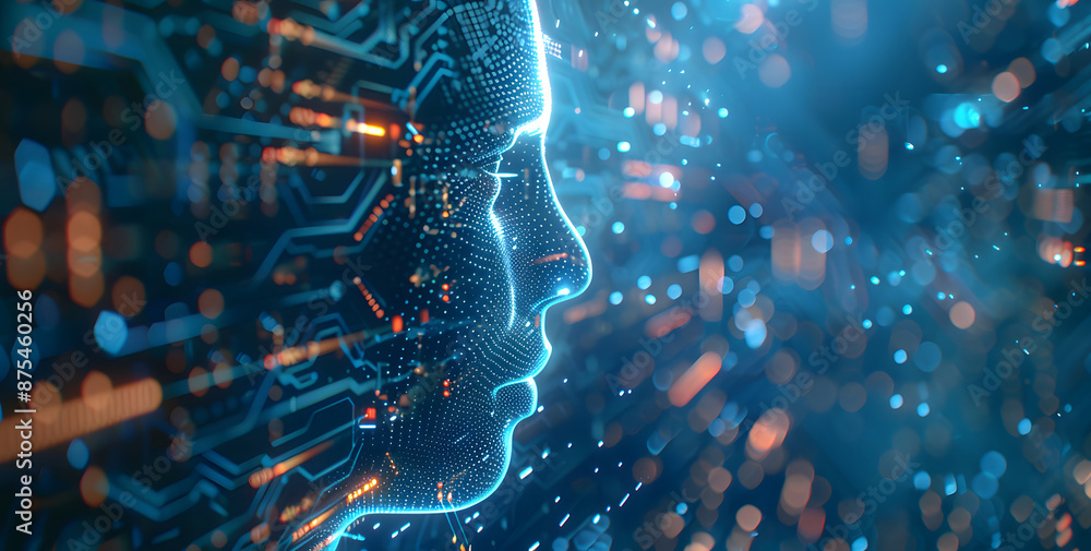 Electronic human head with integrated circuits, the concept of artificial intelligence technology, biotechnology innovation, robot progress, and machine learning design Electronic human head with integrated circuits, the concept of artificial intelligence technology, biotechnology innovation, robot progress, and machine learning design