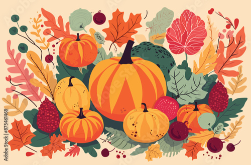 Hand painted fall themed digital paper. Pumpkins and flowers seamless pattern on a pastel pink background. Thanksgiving decorative print.