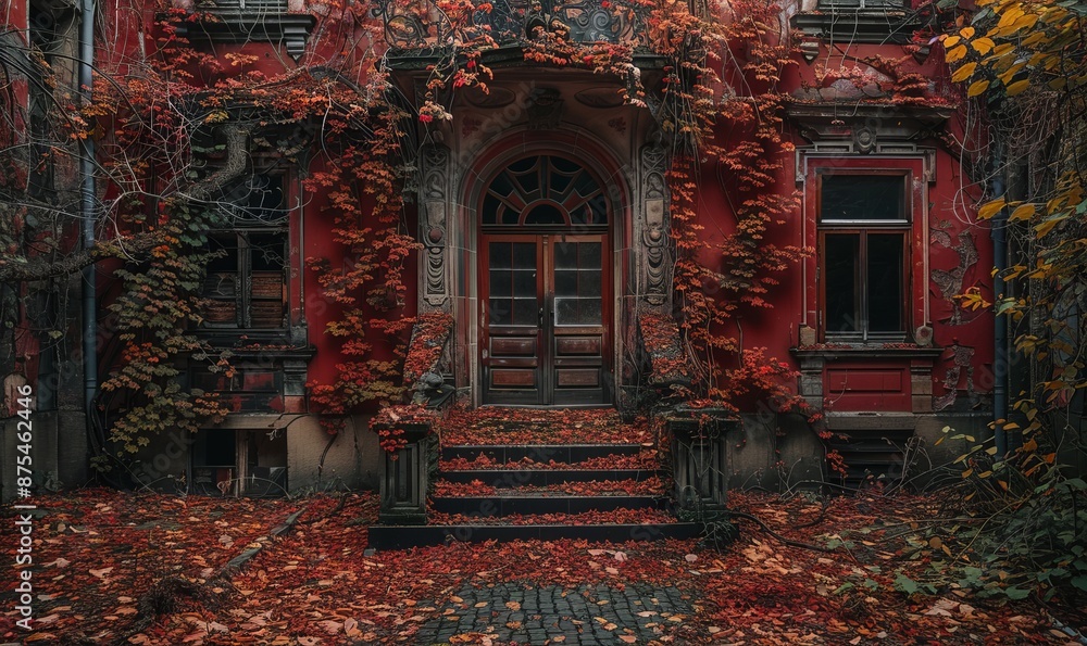 Beautiful old Art Nouveau building covered with trees and vineyards, red walls, wooden windows, on an old street Beautiful old Art Nouveau building covered with trees and vineyards, red walls, wooden windows, on an old street