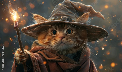 A wizard cat. A cat in a hat holding a glow stick. photo