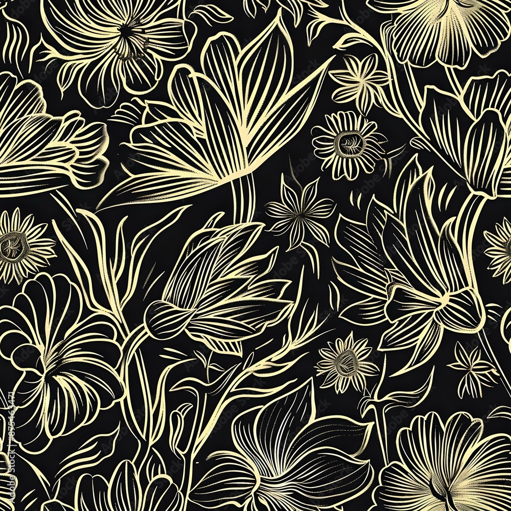 Delicate seamless pattern of hand-drawn floral elements in light gold for versatile uses Delicate seamless pattern of hand-drawn floral elements in light gold for versatile uses