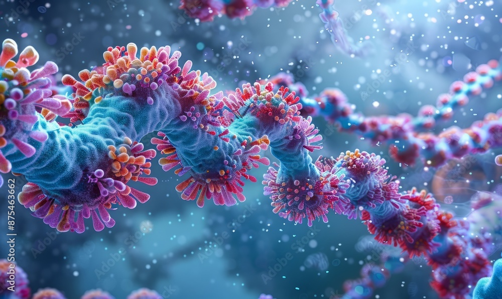 A colorful strand of DNA is shown in a blurry, dreamy blue and purple background. Concept of wonder and fascination with the complexity of life and the beauty of the natural world A colorful strand of DNA is shown in a blurry, dreamy blue and purple background. Concept of wonder and fascination with the complexity of life and the beauty of the natural world