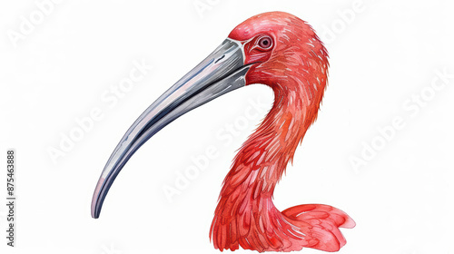 A delicate watercolor depiction of an ibis, highlighting its curved beak and vibrant scarlet feathers, isolate on white background with copy space photo