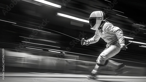 Modern pentathlete in mid-fencing bout, precise technique, selective focus, skill theme, ethereal, composite, fencing piste backdrop © Katavudh