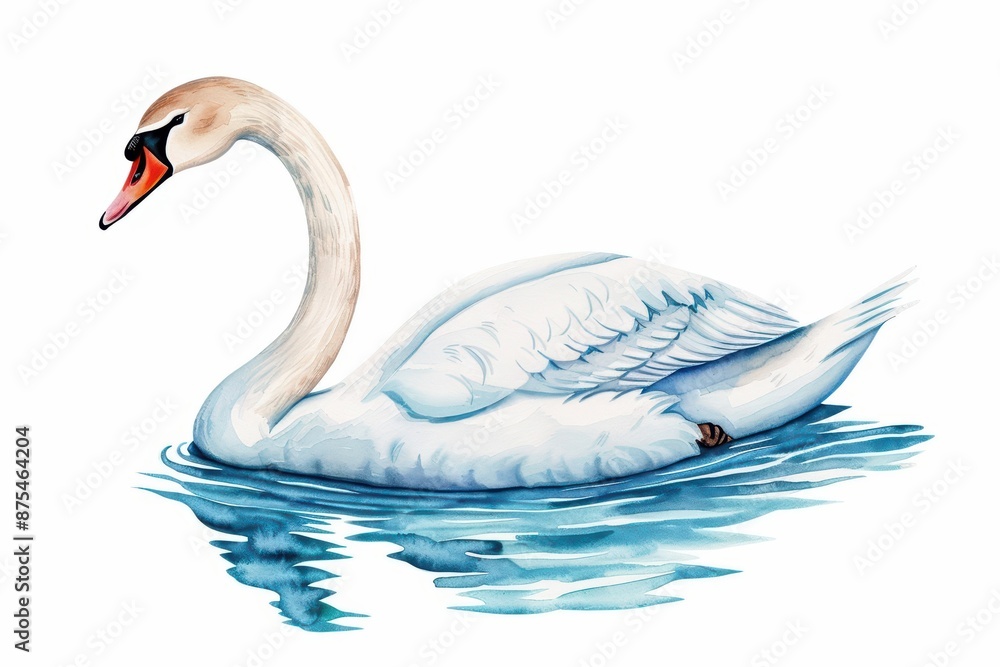 A detailed watercolor depiction of a swan, showcasing its graceful glide across a serene lake, isolate on white background with copy space A detailed watercolor depiction of a swan, showcasing its graceful glide across a serene lake, isolate on white background with copy space