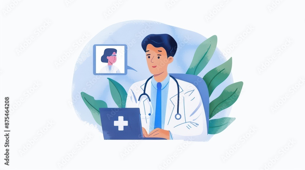 A detailed watercolor depiction of telemedicine, with a doctor and patient connecting through a video call, isolate on white background with copy space A detailed watercolor depiction of telemedicine, with a doctor and patient connecting through a video call, isolate on white background with copy space