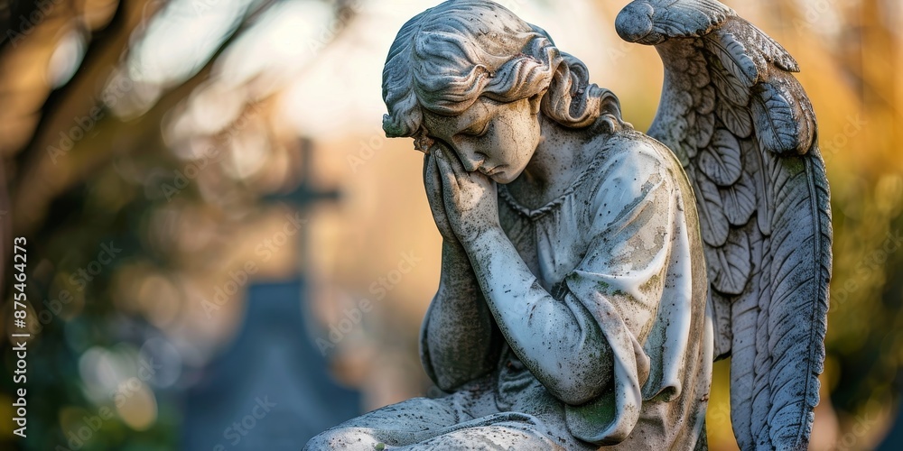 Close up of a sad stone angel statue in a cemetery. Copyspace, place for text. Close up of a sad stone angel statue in a cemetery. Copyspace, place for text.