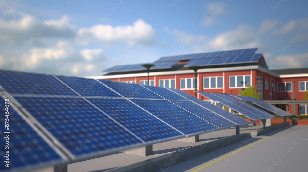 Naklejka premium Solar Panels on Building Roof. Renewable Energy