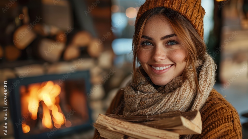 A content woman with a warm knit scarf and hat smiles while holding firewood in a cozy, fire-lit room, exuding warmth, comfort, and homeliness in a rustic indoor scene.