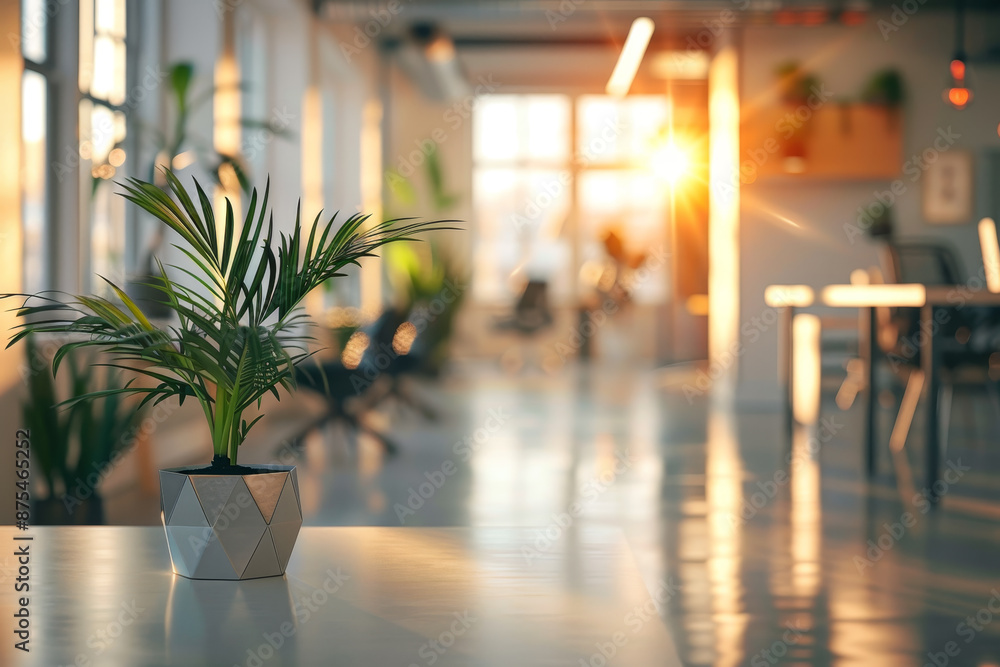 A potted plant sits on a table in a large