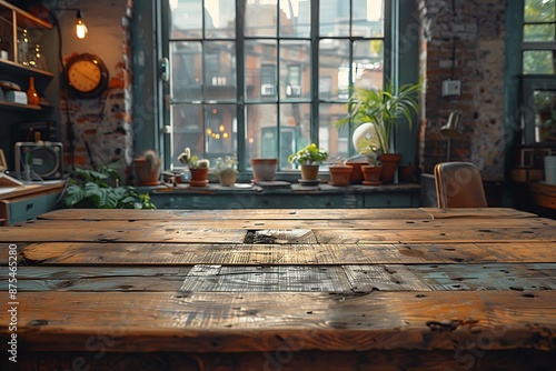 An empty wooden Desk with an office in the background, warm atmosphere