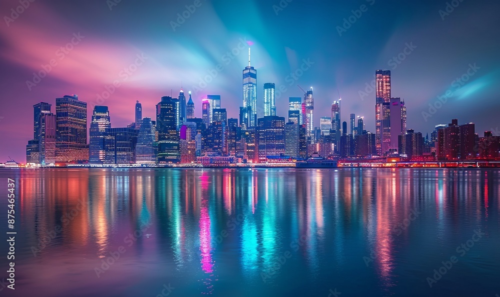 Fototapeta premium A city skyline is reflected in the water