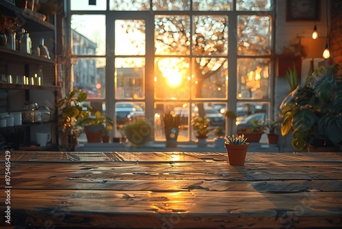 An empty wooden Desk with an office in the background, warm atmosphere