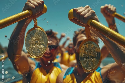 Rowing team celebrating after race, gold medals in hand, copy space, exhilaration theme, realistic, overlay, finish line backdrop