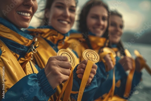 Rowing team holding gold medals, triumphant expressions, close up, achievement theme, surreal, manipulation, podium backdrop