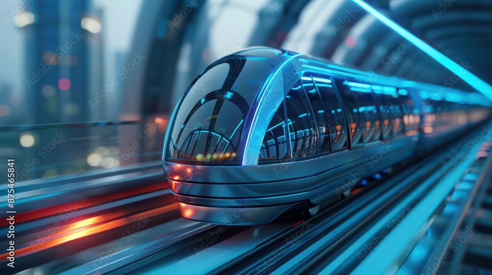 A hightech public transit system features enchanted monorails that wind through the skyline A hightech public transit system features enchanted monorails that wind through the skyline