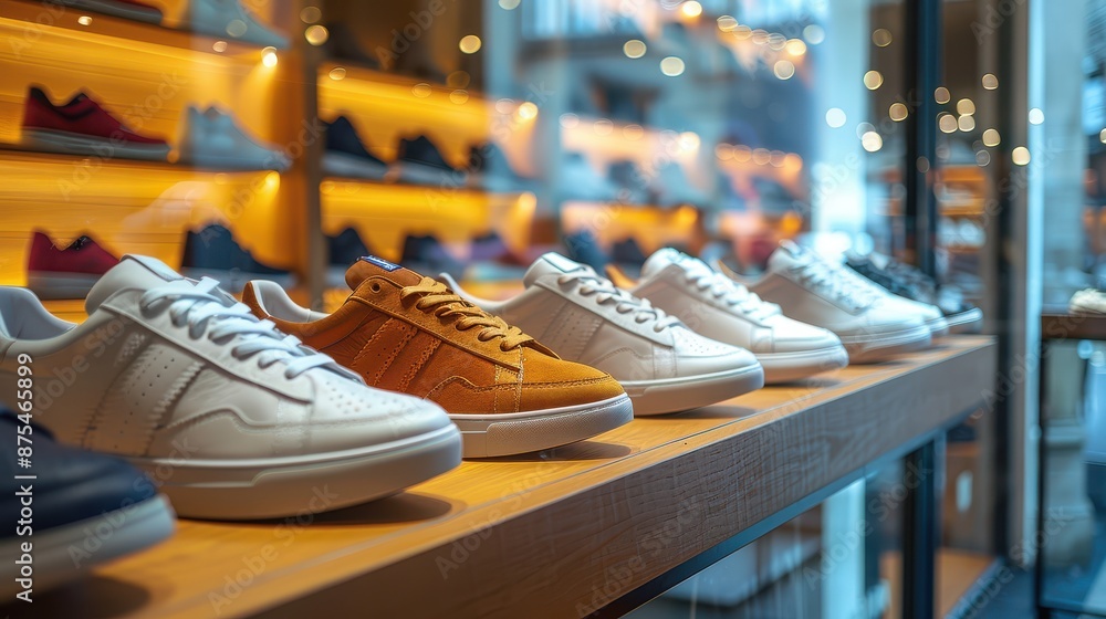 A close-up view of a row of neatly arranged sneakers in various colors, illuminated with dramatic lighting, displayed on a wooden shelf inside a retail store with a blurred backdrop. A close-up view of a row of neatly arranged sneakers in various colors, illuminated with dramatic lighting, displayed on a wooden shelf inside a retail store with a blurred backdrop.