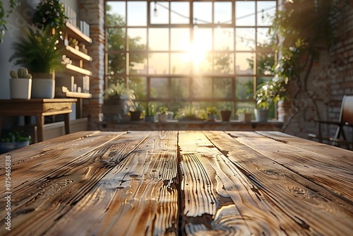 An empty wooden Desk with an office in the background, warm atmosphere