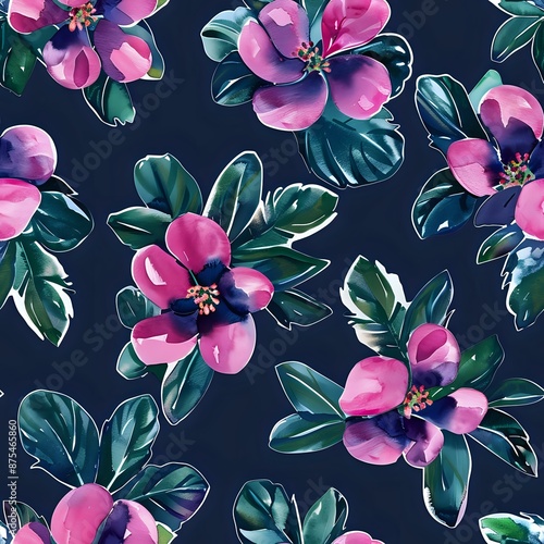 Watercolor Botanical Pattern with Pink Flowers for Apparel