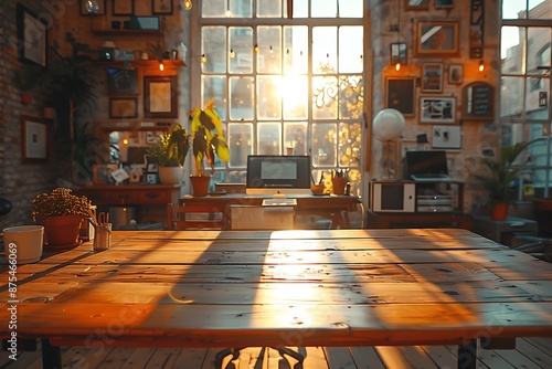 An empty wooden Desk with an office in the background, warm atmosphere