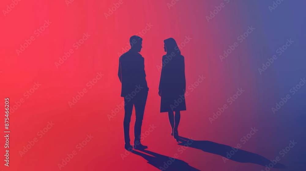 Silhouetted man and woman against gradient red and blue background. Silhouetted man and woman against gradient red and blue background.