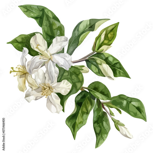 Watercolor Illustration vector of jasmine flower (Citrus aurantium), isolated on a white background, design art, clipart image, Graphic logo, drawing clipart, jasmine vector, Illustration painting.