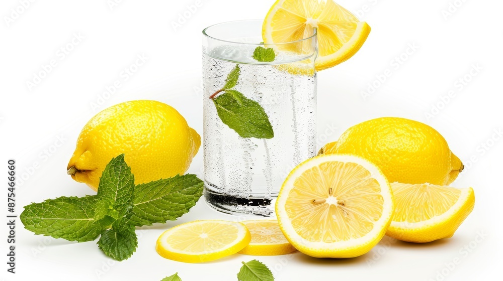 A refreshing lemonade with lemon slices and mint leaves, against an isolated white background, pop art style, flat photo of, angled shot highlighting A refreshing lemonade with lemon slices and mint leaves, against an isolated white background, pop art style, flat photo of, angled shot highlighting