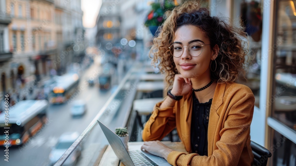 Fototapeta premium A lady with curly hair works on her laptop at an outdoor cafe with a scenic view of the city, embodying the modern balanced lifestyle of work and relaxation.