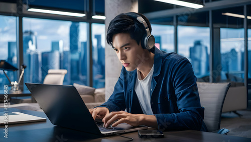 Young Asian man working intently on laptop in modern office