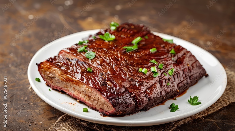 Aerial shot of a juicy beef brisket on a simple white plate, left-aligned on a rustic table with plenty of blank space on the right, focus cover all object, deep dept of field Aerial shot of a juicy beef brisket on a simple white plate, left-aligned on a rustic table with plenty of blank space on the right, focus cover all object, deep dept of field