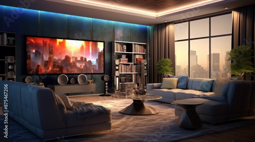 Modern living room interior with large windows, comfortable sofas, and a big screen TV