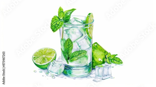 A rich watercolor painting of a mojito, capturing the refreshing cocktail with mint leaves, lime wedges, and ice cubes, isolate on white background with copy space