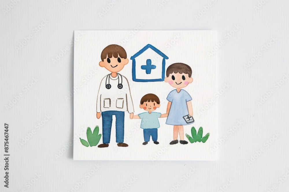 A soft watercolor rendering of health insurance, showing a family reviewing their coverage options, isolate on white background with copy space A soft watercolor rendering of health insurance, showing a family reviewing their coverage options, isolate on white background with copy space