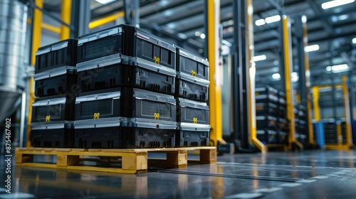 Electric vehicle batteries with high voltage stacked on a pallet, warehouse background, ready for transport. High voltage electric vehicle batteries